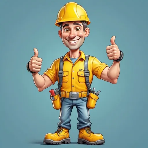 Prompt: Cartoon caricature of a slim person with a dog, construction helmet, work boots, tool belt, smiling, thumbs up, full body, '504' printed on yellow helmet, cartoon style, bright and lively colors, detailed expression, professional cartoon art, high quality, vibrant tones, dynamic lighting