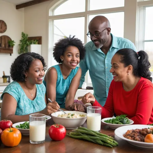 Prompt: Background Photo: A vibrant photo of a diverse family enjoying a meal together, highlighting the importance of fresh produce in daily life. ADD IMAGES OF MILK AND MEET IN THE IMAGE