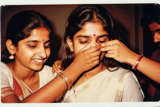 Prompt: An indian college girl getting her nose pinched tightly by friend, friends hand is holding girls nose tightly, girl is wearing white sari, 1980s grainy polaroid photo 