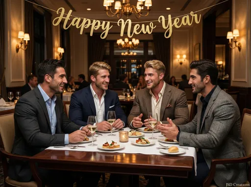 Prompt: @eZ3ZlIkPsdrhuXfagL7Z@pIleGjlBciu6FaMoNCtI @aGUzS7LRbDG5oAPqK7fL @pvuzDlKMfqDlCQQSJ73H are all sitting at a table in a nice restaurant having a good time. At the top a banner saying "Happy New year" and bottom right says "JSD Creations" in smaller letters. They are all wearing casual dress clothes