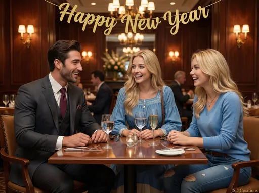 Prompt: @D3OIOzz3E910ZQeFzG3c@9u0waL3yN1FuYsovV0hf @l14ha9Yx4KwI9TQetWjU are all sitting at a table in a nice restaurant having a good time. At the top a banner saying "Happy New year" and bottom right says "JSD Creations" in smaller letters. 