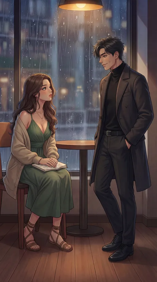 Prompt: Semi-realistic modern manhwa style, cinematic lighting; interior café fully lit in warm amber tones; @LxeXFQUzJedewyVZrlBk sitting upright at table, notebook closed, hands resting lightly on cover; @6oSk5zjXYITFsxv035PH standing beside her, straight posture, charcoal coat falling neatly, tousled dark hair; subtle dimple visible in faint smile; rain-streaked window behind reflecting city lights; mid-shot framing capturing both characters in quiet tension; mood: gentle, intimate, anticipatory, quietly emotional.