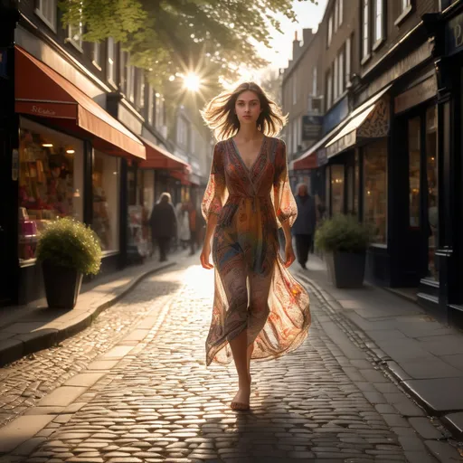 Prompt: Tall young woman walking down the high street, detailed clothing, realistic, natural lighting