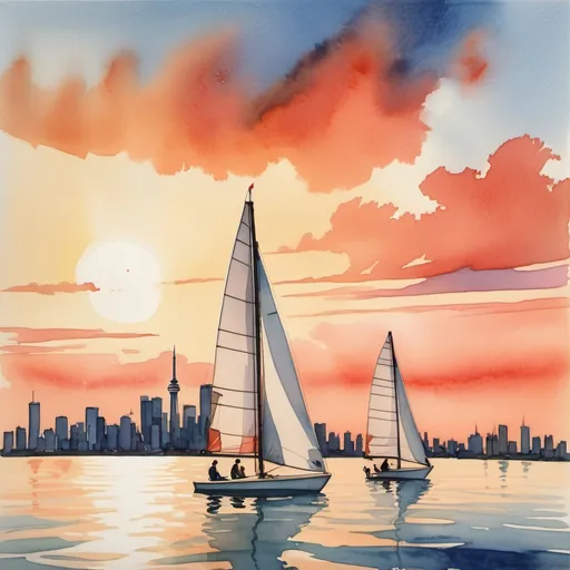 Prompt: Two people sailing in a small sailboat with 2 sails on lake Ontario with Toronto skyline at sunset , gouache watercolor