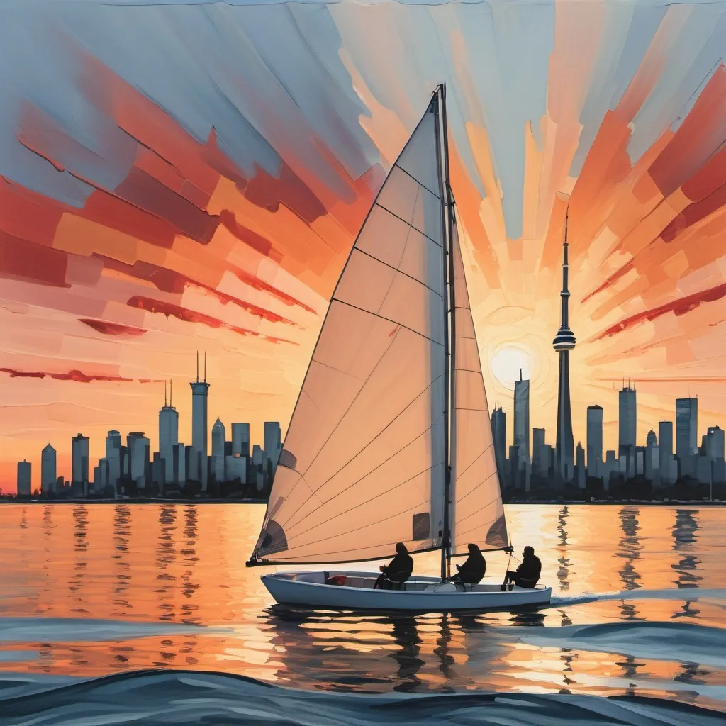 Prompt: Two people sailing in a small sailboat with 2 sails on lake Ontario with Toronto skyline at sunset , thick bumpy paint strokes