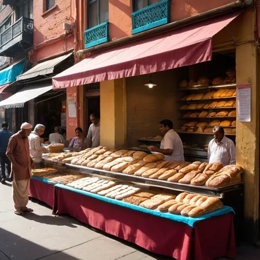 Prompt: A vibrant outdoor Indian bakery set in a bustling market street, with colorful awnings and an array of freshly baked goods on display. The aroma of spiced bread and sweets fills the air as customers browse the selection of traditional treats like naan, parathas, and jalebis. The scene is lively with people chatting, street vendors selling their wares, and the warm, golden glow of the setting sun casting long shadows.