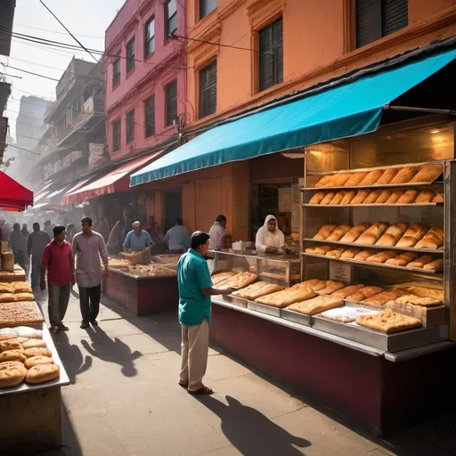 Prompt: A vibrant outdoor Indian bakery set in a bustling market street, with colorful awnings and an array of freshly baked goods on display. The aroma of spiced bread and sweets fills the air as customers browse the selection of traditional treats like naan, parathas, and jalebis. The scene is lively with people chatting, street vendors selling their wares, and the warm, golden glow of the setting sun casting long shadows.