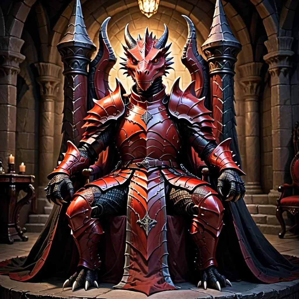 Prompt: (black and red dragonborne knight), sitting on a grand throne, great sword (securely clasped) in hands, sword point resting on the ground, majestic ambiance, adorned in intricately detailed armor, (dramatic shadows), regal crimson and ebony tones, rich textures, eerie but powerful atmosphere, strong lighting casting dynamic highlights, hints of a dark castle background, (ultra-detailed), immersive fantasy scene.