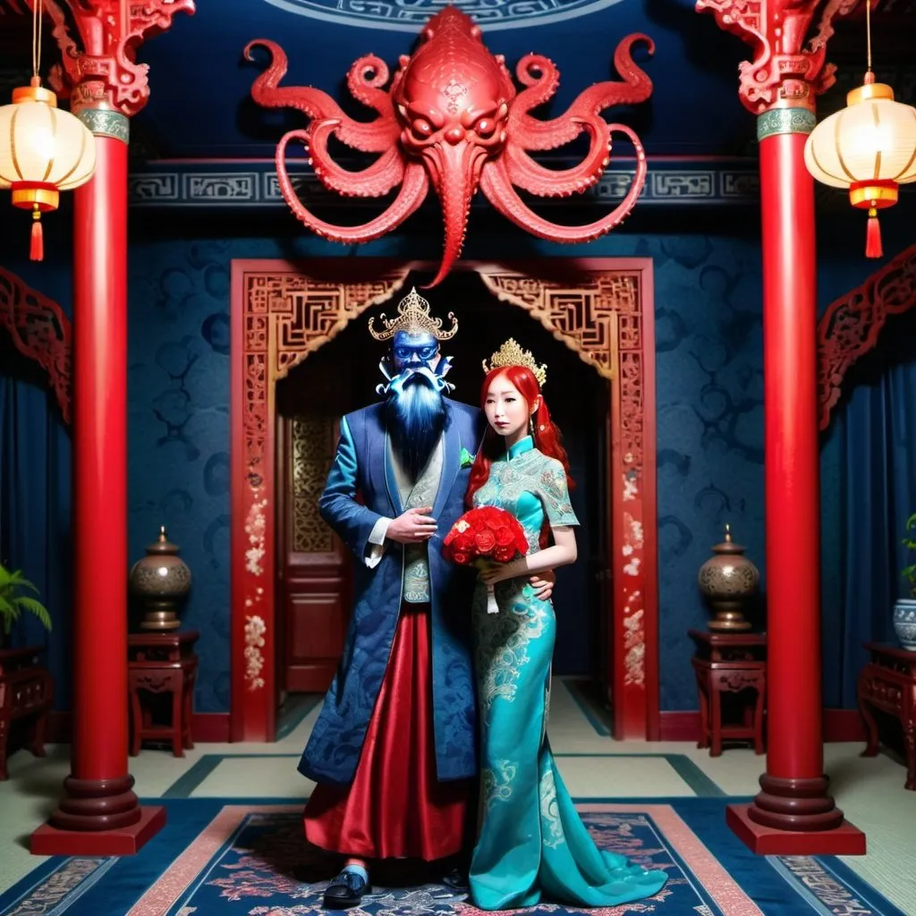 Prompt: indigo Cthulhu is carrying his dark red-haired bride through an Asian-style palace, Both people are wearing ornate clothing that matches the palace theme.