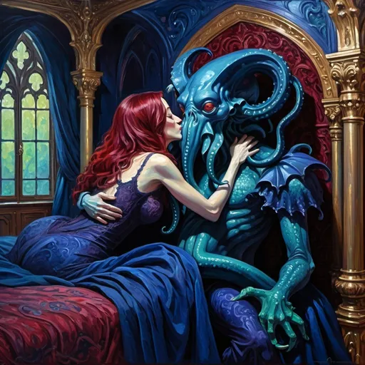 Prompt: Impressionist oil style painting, deep and vibrant colors, Indigo Cthulhu hugging and kissing his dark red-haired wife, in a lavish ornate bed, elaborate Gothic palace