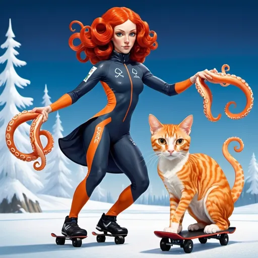 Prompt: squid woman with dark red hair, winter Olympic athlete, tentacle limbs, orange tabby cats, curling