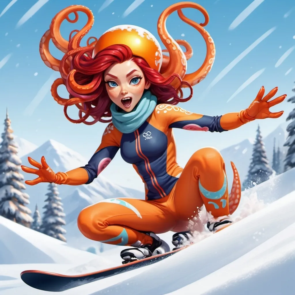 Prompt: squid woman with dark red hair, Olympic athlete, tentacle limbs, orange tabby cats, snowboarding