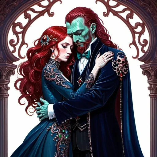 Prompt: Indigo Cthulhu hugging his dark red-haired wife, lavish ornate bejeweled robes, elegant Gothic palace, digital painting style