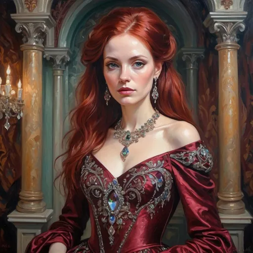 Prompt: dark red-haired woman, bejeweled ornate iridescent gown, elegant Gothic-style palace, oil painting, impressionist style