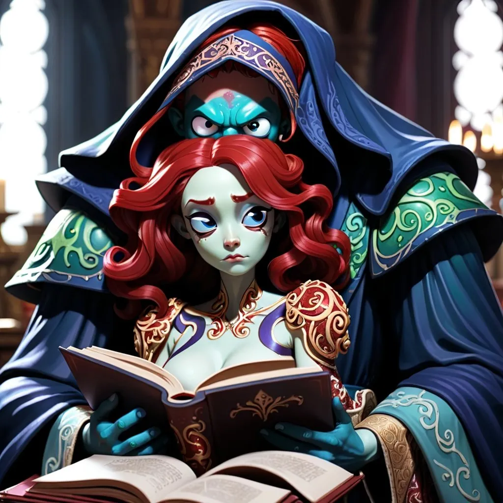 Prompt: indigo Cthulhu is hugging his dark red-haired bride while they peruse a book, Both people are wearing ornate robes.