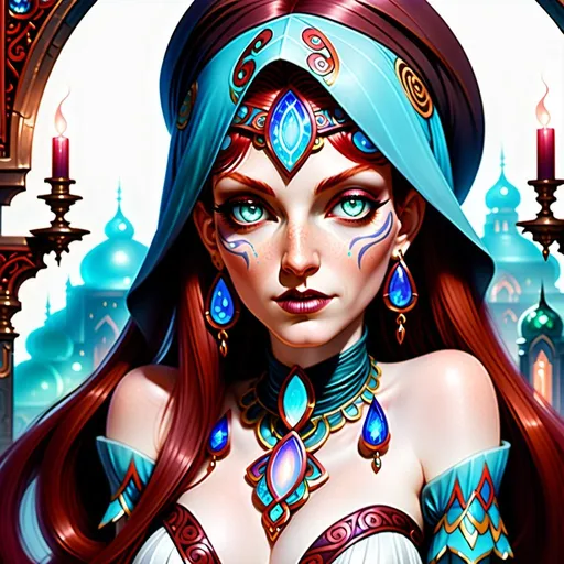 Prompt: A dark red-haired sorceress in a ornate and opal-bejeweled Byzantium-style dress