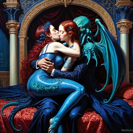 Prompt: Renaissance oil style painting, deep and vibrant colors, Indigo Cthulhu hugging and kissing his dark red-haired wife, in a lavish ornate bed, elaborate Gothic palace