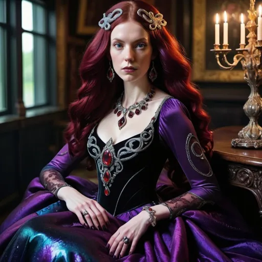 Prompt: squid woman, dark red hair, tentacles, ornate bejeweled dress, opals, silver jewelry, black and purple gown,  deep vibrant colors, Elizabeth Tudor fashion