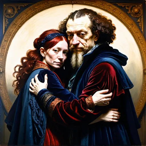 Prompt: Oil painting, Rembrandt, Indigo Cthulhu hugging his dark red-haired wife, lavish ornate robes