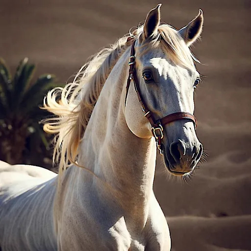 Prompt: (Arabian horse), majestic and powerful, beautifully groomed, gilded reins, healthy and glossy mane, warm golden tones, sunset lighting, high depth cinematic masterpiece, serene desert landscape in the background, soft sands, scattered palm trees, vibrant colors, tranquil and proud atmosphere, ultra-detailed, intricate textures, photorealistic.