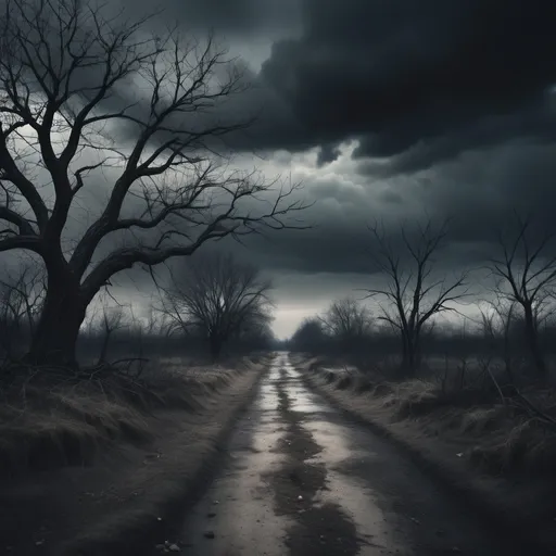 Prompt: dark, cloudy skies loom overhead, desolate landscape, muted colors, an empty path leading into the unknown, stark trees with bare branches, forlorn atmosphere, shadows cast by an unseen light, an abandoned object in foreground, evoking deep emotions of sadness and despair, (ultra-detailed), (high contrast), (4K)