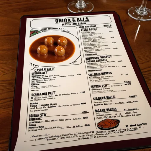 Prompt: A restaurant menu with my balls ur balls and cassians balls on it with Ohio stew Gyatt sauce.