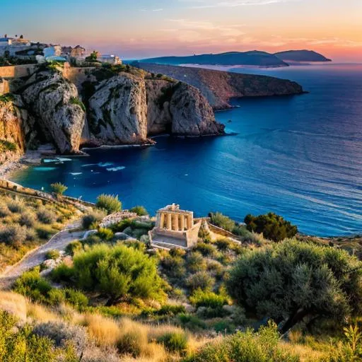 Prompt: A breathtaking Greek landscape with rolling hills covered in vibrant olive groves, overlooking a serene azure Aegean Sea, crowned by a clear sky painted with the warm hues of a Mediterranean sunset, and the distant silhouette of ancient temples perched atop rocky cliffs