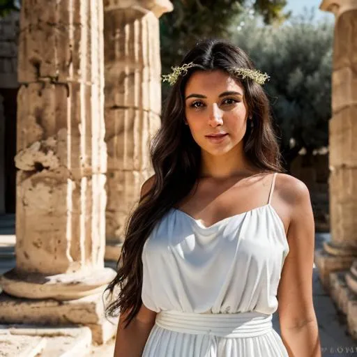 Prompt: A beautiful Greek woman from Ancient Athens with flowing dark hair, adorned in a white toga-like garment, standing gracefully against a backdrop of classical architecture and olive trees