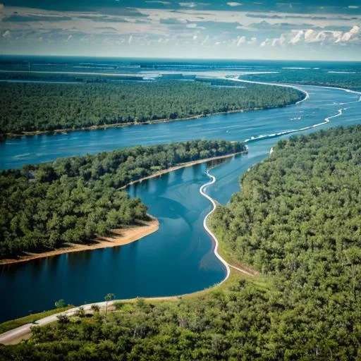 Prompt: A grand convergence of the Mississippi River as it flows into the Gulf of Mexico creating a mosaic of waterways and rich landscapes