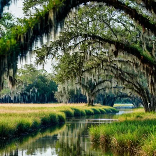 Prompt: Louisiana marshlands with meandering waterways cutting through the verdant marsh grass, cypress trees draped in Spanish moss, vibrant greenery reflecting in the still waters, a variety of wildlife such as herons and alligators in their natural habitat