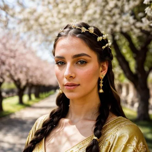 Prompt: An elegant Greek woman from ancient Athens, with captivating green eyes, wearing a golden diadem in her braided hair, surrounded by blossoming laurel trees with the Parthenon in the background