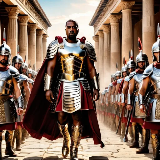 Prompt: Create an image of Kanye West depicted as a formidable Roman general leading an army, adorned in traditional Roman armor embellished with modern fashion elements, standing in a triumphant pose amidst a grand ancient Roman setting.