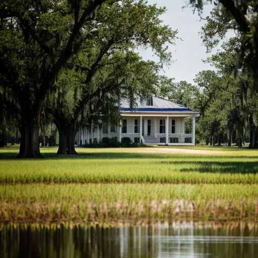 Prompt: The mesmerizing Mississippi Delta filled with expansive fields of cotton and soybeans, picturesque plantation houses nestled among rows of oak trees