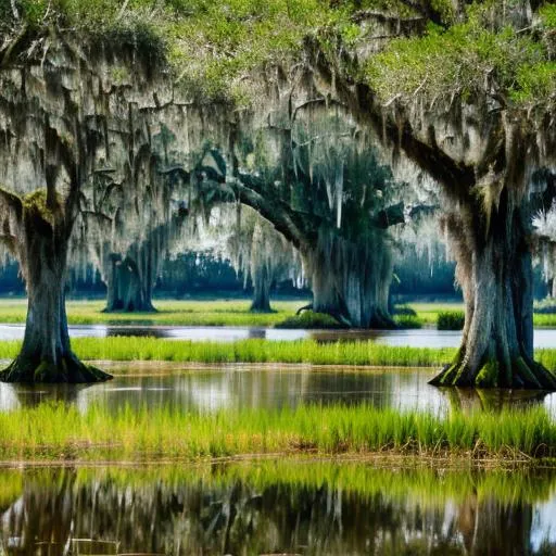 Prompt: Louisiana marshlands with meandering waterways cutting through the verdant marsh grass, cypress trees draped in Spanish moss, vibrant greenery reflecting in the still waters, a variety of wildlife such as herons and alligators in their natural habitat