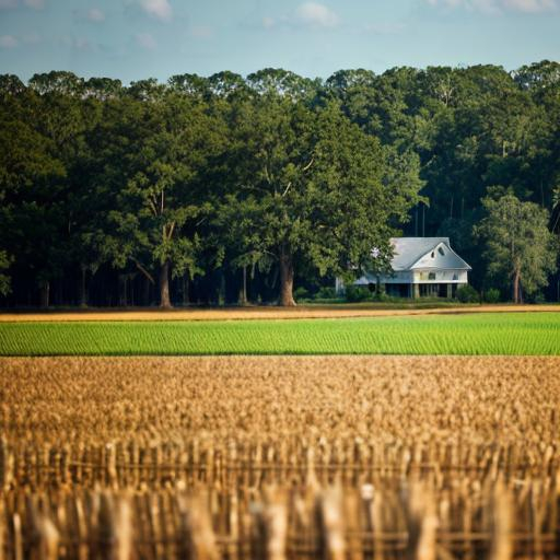 Prompt: The mesmerizing Mississippi Delta filled with expansive fields of cotton and soybeans, picturesque plantation houses nestled among rows of oak trees