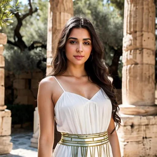 Prompt: A beautiful Greek woman from Ancient Athens with flowing dark hair, adorned in a white toga-like garment, standing gracefully against a backdrop of classical architecture and olive trees