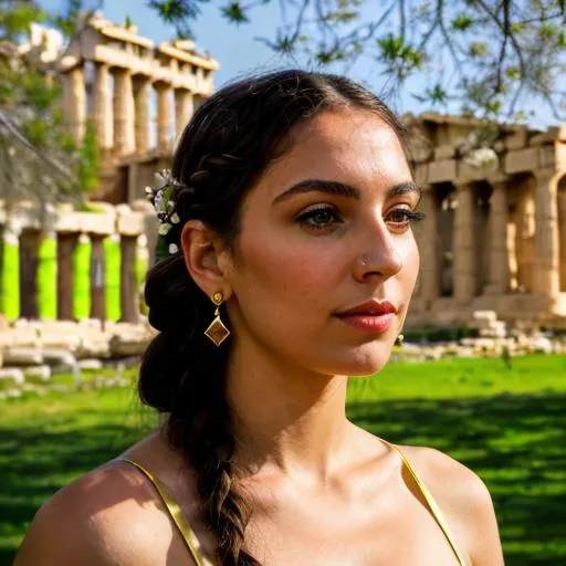 Prompt: An elegant Greek woman from ancient Athens, with captivating green eyes, wearing a golden diadem in her braided hair, surrounded by blossoming laurel trees with the Parthenon in the background