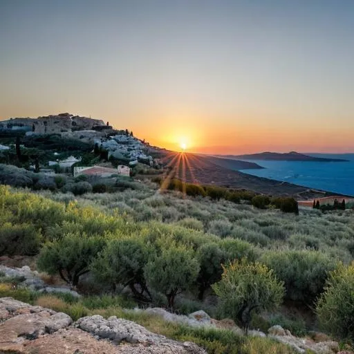 Prompt: A breathtaking Greek landscape with rolling hills covered in vibrant olive groves, overlooking a serene azure Aegean Sea, crowned by a clear sky painted with the warm hues of a Mediterranean sunset, and the distant silhouette of ancient temples perched atop rocky cliffs