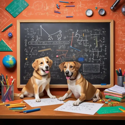 Prompt: (2 dogs), (playing with a blackboard), designing second order oscillating circuit equations, whimsical scene, humorous vibe, vibrant colors, detailed background featuring technical drawings and equations, high-quality, ultra-detailed, inviting atmosphere, colorful stationery scattered around, lighthearted interactions, educational theme, creative layout.