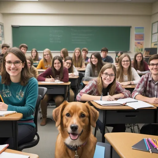 Prompt: professors put our two dogs  on the last desks of a class-room depicted in a lively classroom environment, (playful and friendly demeanor), surrounded by curious college students and a mix of students and students, (warm, vibrant colors), desks filled with colorful stationery, (chaotic yet engaging atmosphere), (highly detailed), capturing the essence of technical college life.