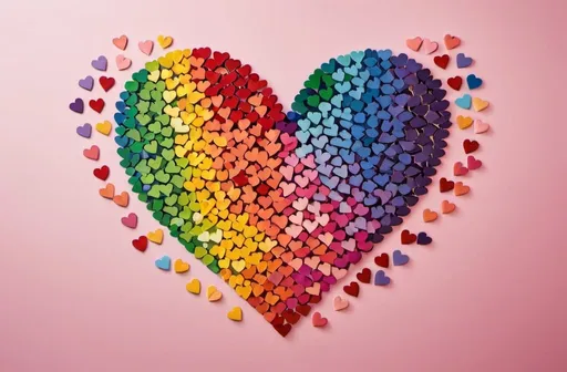 Prompt: Create a large heart made up of mini hearts in rainbow colors for the theme love is love