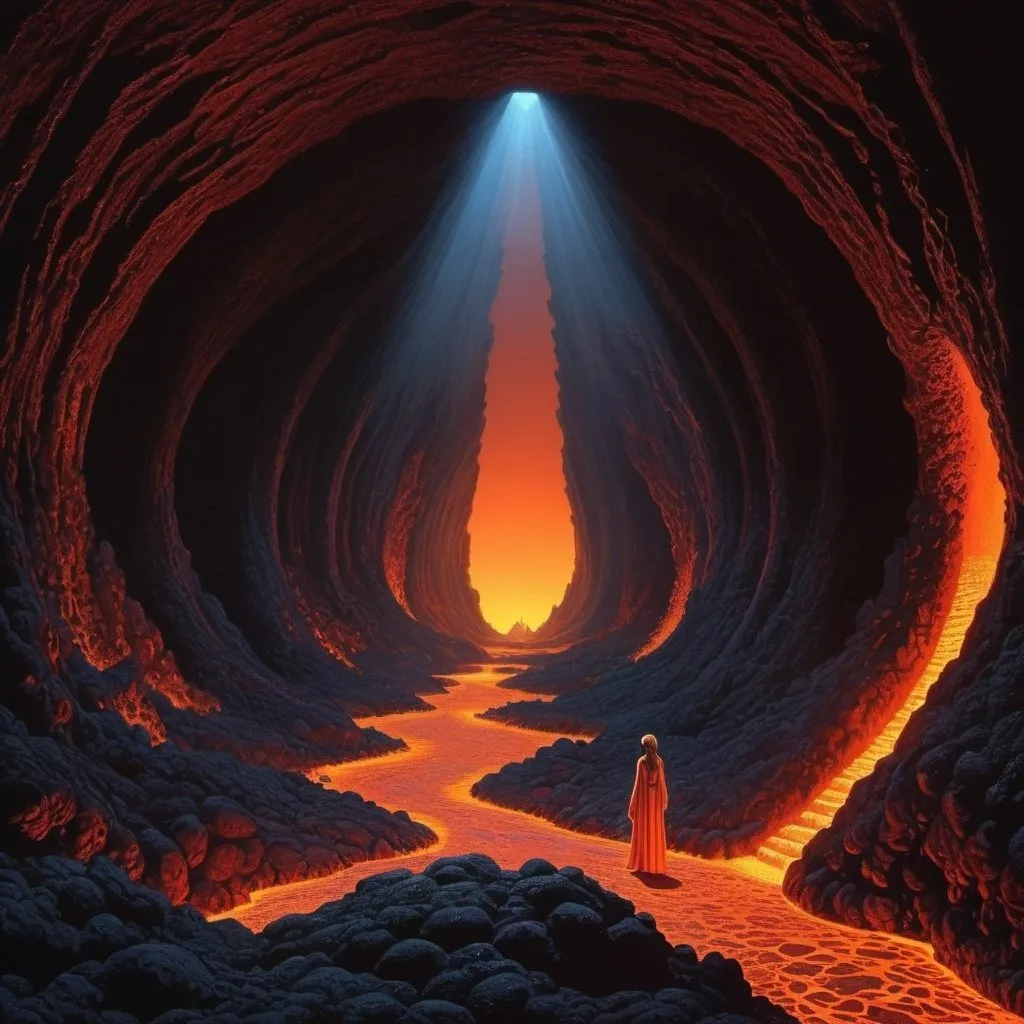 Prompt: molydei in the immediate area of a lava tubes, incandescent gleam, divine mural art, in the style of moebius (jean giraud)
