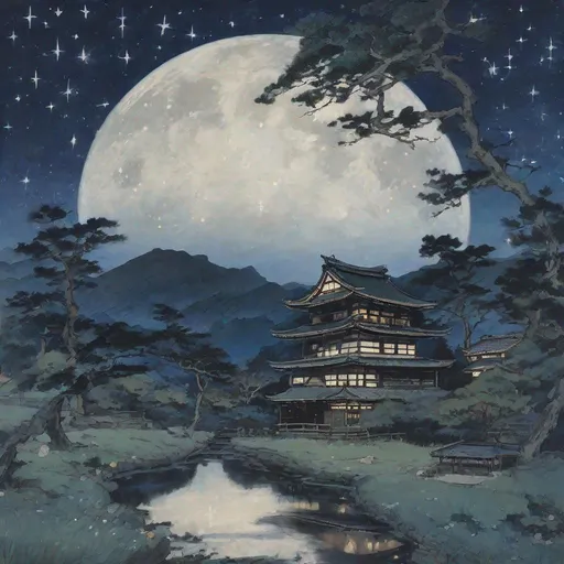 Prompt: mi-go against a enchanted monastery, starry night sky, shodo