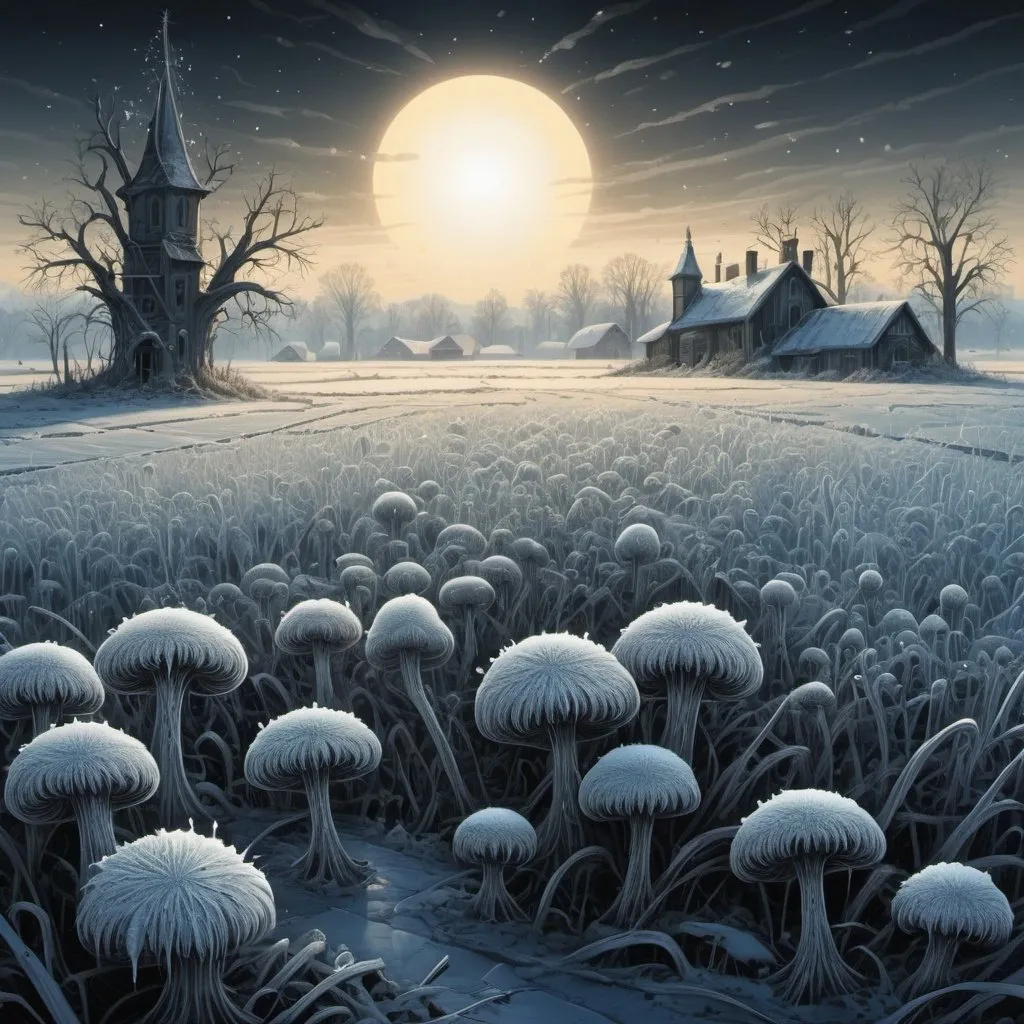 Prompt: symbiotic spores at the edge of a frozen farmland, radiating luminescence, gothic cartooning, grand ingeniousness