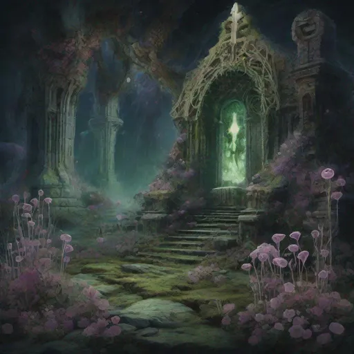 Prompt: empyrean necrosis next to a mossy burial, glow-in-the-dark flowers, celestial walls, intricate textures