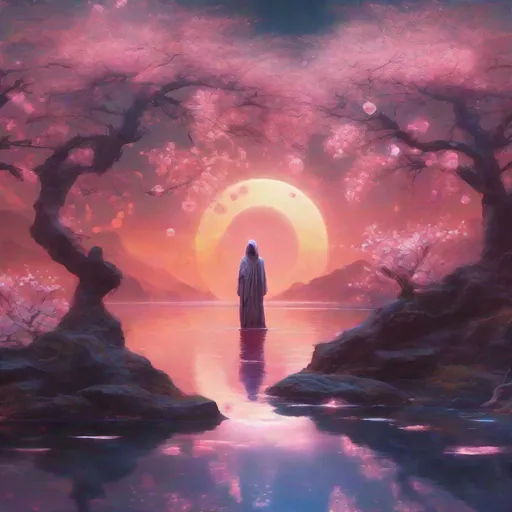 Prompt: cannibalistic cultist inside a ethereal expanse of eclipsed essence, augmented reality abstraction, sunset reflection on a calm lake, cherry blossom cascade, veiled moonlit waterfalls