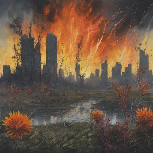Prompt: sulfuric fizz, burning city skyline, storm; barbed flora