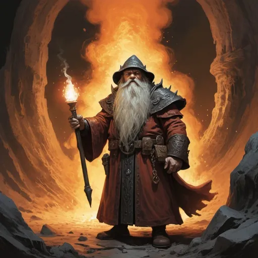 Prompt: awful sorcerer opposite to a dwarven hollow, explosive pus beyond the horizon, in the style of hugo pratt, enthralling transition, enhanced artistic flair