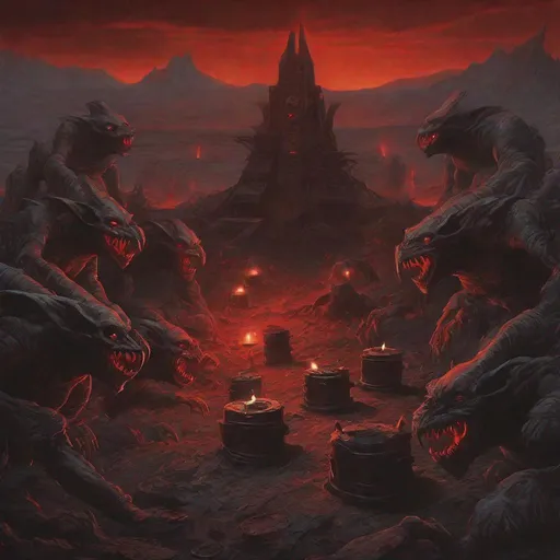 Prompt: land mines over a volcanic vents in alien landscape, red glowing eyes in the shadows, harsh spotlight on gargoyles, dumpster overflow; flickering candle shadows