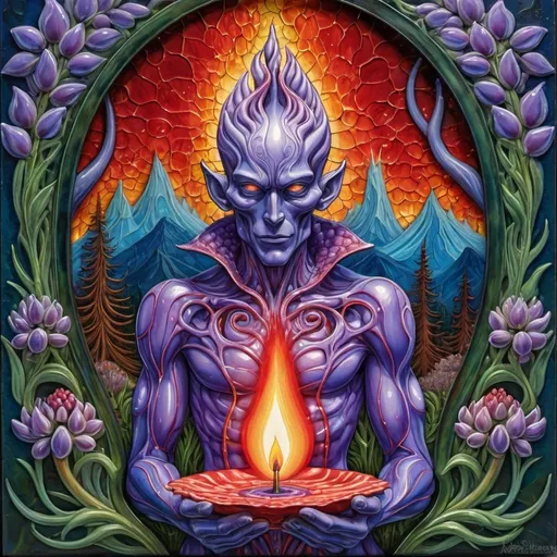 Prompt: lupine blood lord, lustrous candleflame, sinuous fungi in the distance, distressed glass painting, in the style of alex grey
